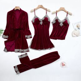 Gold Velvet 4 Pieces and 5 Warm Winter Pajamas Sets Women Sexy Lace Robe Sleepwear Kit Sleeveless Nightwear 201109