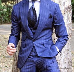 Hot Selling Groomsmen Peak Lapel Groom Tuxedos Stripe Men Suits Wedding/Prom/Dinner Best Man Blazer ( Jacket+Pants+Tie+Vest ) K848
