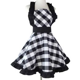 XiuMood Woman's Apron For Home Kitchen Cooking Dining Accessory Black And White Buffalo Plaid Retro Full Aprons Bib F1214218W