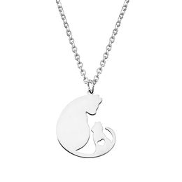 Cute Cat Mama Kitten Necklace Pendant Stainless Steel Mother's Day Gifts With Love Heart Silver Colour Jewellery Family Gift