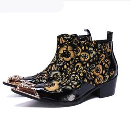 Luxury Printed Genuine Leather Ankle Boots Metal Pointed Men Party Dress Formal Heels Fashion Men Club Bar Cowboy Boots
