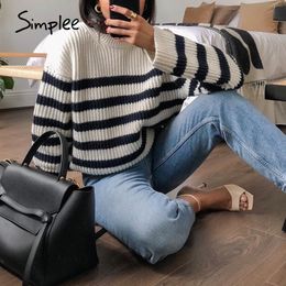 Simplee Fashion black white striped sweater Crew neck loose Long sleeve winter Pullover Casual home style Knitted sweaters 210203
