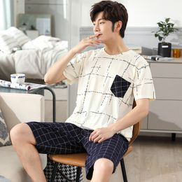 Plus Size L- Pyjamas Sets for Men 100% Cotton Male Short Sleeve Sleepwear Suit 2 Piece Sexy Summer Home Clothing LJ201112