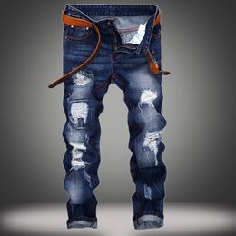 Strisce di moda originali Slim fit blu scuro jeans strappati pantaloni da uomo di marca jeans da uomo dritti pantaloni casual in denim da uomo di lusso 201111