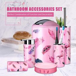 6PCS Bathroom Accessroies Set Lotion Dispenser Soap Dish Dustbin Washing Tumbler Toilet Brush Toothbrush Cup Storage Tools Pink LJ201204