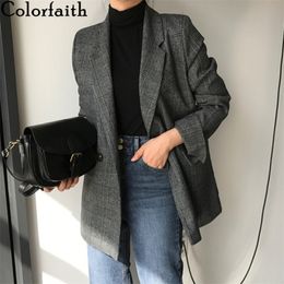 Colorfaith New Autumn Winter Women's Blazers Plaid Double Breasted Pockets Formal Jackets Notched Outerwear Tops JK7113 201023