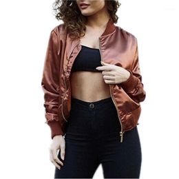 Wholesale- New Fashion Short Jacket Long Sleeve Bright Satin Women Basic Jackets Coats with Zipper 2016 Fall Autumn Bomber Jacket1