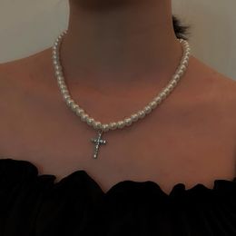 Pearl Chain Crystal Cross Pendant Choker Necklace Jesus Rhinestone Bead Link Necklace Charm Jewellery