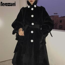 Nerazzurri Winter oversized black long fluffy faux fur trench coat for women raglan sleeve belt white buttons Plus size fashion 201212