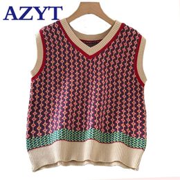 AZYT V Neck Loose Knit Women's Sweater Vest Autumn Stripe Panelled Women Sleeveless Tops Casual Knit Tank Tops Female 201214