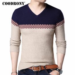 COODRONY Autumn Winter Warm Wool Sweaters Casual Hit Colour Patchwork V-neck Pullover Men Brand Slim Fit Cotton Sweater 7155 201028