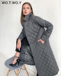 WOTWOY Argyle Belted Long Parkas Women Cotton-Padded Thick Winter Jacket Female Solid Casual Oversized Warm Overcoat with Pocket 201225