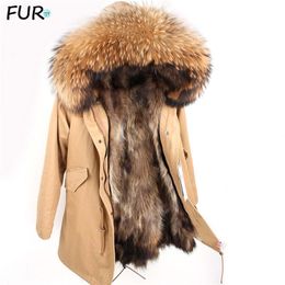 Men's Real raccoon fur Jacket Men Real Fur Parka with Removable Raccoon Fur Liner Hood Winter Long Warm Coat 201027