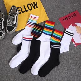 Men's Socks 1 Pair Combed Cotton Rainbow Female Autumn Candy Colour Tube Tide Net Red Striped Street Long1