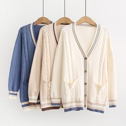 Women Knit Cardigans V neck Button Up Cartoon Sweater Jumpers V neck Long Winter Chic Cardigans Open Stitch Korean 201029