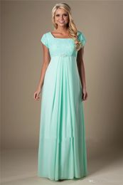 Mint Lace Chiffon Maternity Modest Bridesmaid Dresses Long With Cap Sleeves A-line Floor Length Empire Maids of Honour Wedding Party Gowns