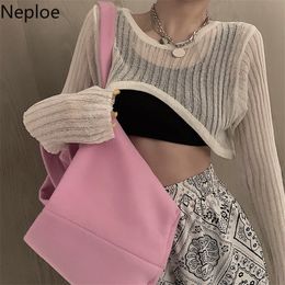 Neploe Korean Cropped Sweater Hollow Out Women Short Tops Knitwear Solid Slim Fit Vest Summer Thin Long Sleeve Clothing 201221