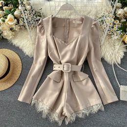 Woherb Elegant Vintage Long Sleeve Playsuit Solid Color Slim Waist Belt Jumpsuit Women Lace Fashion Overalls Korean New 91534 T200704