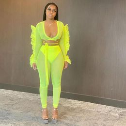 Sexy See Through Mesh Tracksuits Women Ruffles Cross Bandage V Neck Tops And Pants Two Piece Set Flourescent Leggings Party Sets