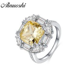 AINOUSHI 925 Sterling Silver Engagement Rings for Women Yellow Stone 5 Carats Cushion Cut Halo Rings anillos plata para mujer Y200106