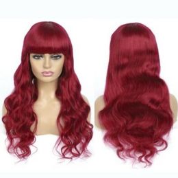 Burgundy Human Hair Wig with Bangs Red Wavy Full Machine Wig with Fringe