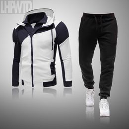 Spring and autumn men's two-piece striped sportswear men's full-sleeved top with hood + outdoor sports pants track suit sui 201123