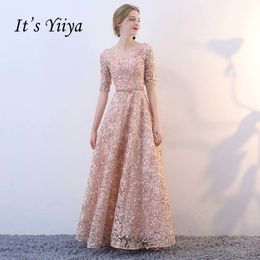 Si tratta di YiiYa scollo a V mezze maniche fiori A-line vintage elegante pizzo abiti da festa abiti da sera lunghi fino al pavimento LJ201118