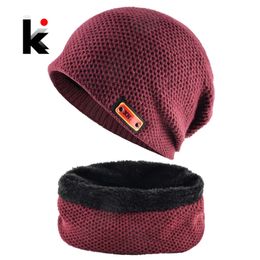 Winter Beanie Men Warm Knitted Hat And Scarf Sets Thick Double Layer Add Velvet Skullies Beanies Women Sport Casual Bonnet Sets Y201024