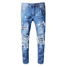 New Men's blue pleated patchwork hole ripped biker jeans for motorcycle Casual slim skinny distressed stretch denim pants 201111