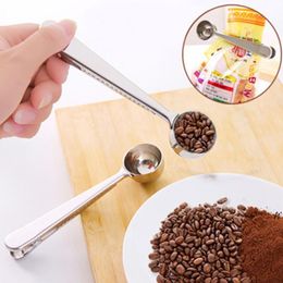 Stainless Steel Ground Coffee Tea Measuring Scoop Spoon With Bag Seal Clip Kitchen Metal Spoon JJE13337