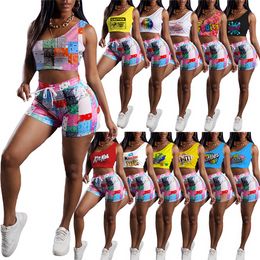 Summer Clothes for Women Print Crop Top One Shoulder Vest Shorts Two Piece Set Fashion Bulk Items Wholesale Lots K6430