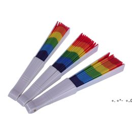 Folding Rainbow Fan Rainbow Printing Crafts Party Favour Home Festival Decoration Plastic Hand Held Dance Fans Gifts GCF14240