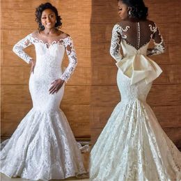 Elegant African Mermaid Lace Wedding Dresses 2021 Vestido De Noiva Women Bridal Wedding Gowns Long Sleeve Bow Back Button Sheer Bride Dress