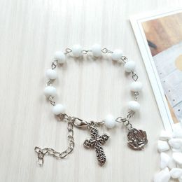 Religious Cross Jewellery Metal Rose White Crystal Rosary Bracelet