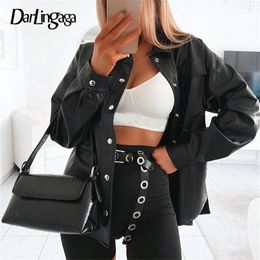 Darlingaga Streetwear Black PU Leather Blouse Women Cardigan Buttons Fashion Women's Shirt Top Long Sleeve Solid Leather Blouses LJ200811