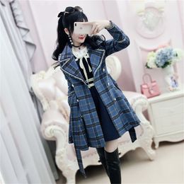 Women's Trench Coat Blue Plaid British Medium Long Woollen Coat Winter New Women Windbreaker 201211