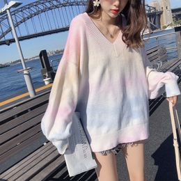 MISHOW Spring Autumn Rainbow Pink Sweater women V-neck Loose Long Sleeves Knit Pullover Over Size Outer Wear Tops LJ201017