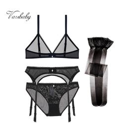 Varsbaby sexy bra+panty+garter+stockings 4 pcs transparent deep V wire free seamless breathable bra set Y200708