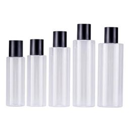 Empty Plastic Clear Bottle Flat Shoulder PET Black Screw Lid With Inner Plug Portable Refillable Cosmetic Packaging Container 100ml 120ml 150ml 200ml 250ml