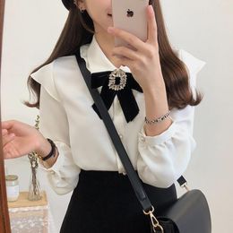 2020 Promotion Polyester Cotton Regular Ruffles Chiffon Solid Full Blouse Vadim Korea Spring New Loose Lapel Shirt Ol Commuter T200321