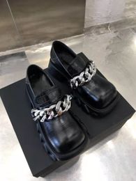 Hot Sale-High end custom cowhide women's shoes retro thick soled loose heel black round head chain decorative single shoe