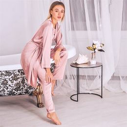 HiLoc Pink Satin Robe Sets Winter 3 Piece Set Silk Sleepwear Women Pyjamas With Pants Sashes Long Sleeve Suit Sets Home Wear 201217