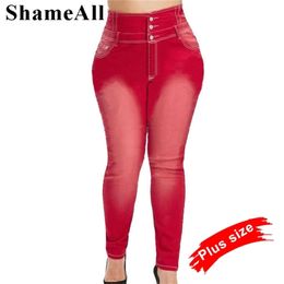 Plus Size Button Up High Waist Skinny Pencil Denim Pants Women Spring Korean Style Stretch Bodycon Red Long Trousers Mom Jeans 201223