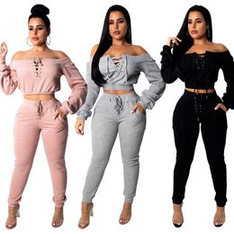 Women's Tracksuits Off Shoulder Bandage Bodycon Casual Matching Sets Women Long Sleeve Autumn 2021 Crop Top And Elastic Pants Two Piece Outf