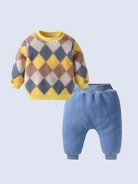 Baby Argyle Pattern Colorblock Teddy Pullover & Elastic Waist Sweatpants SHE