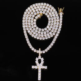 Hip Hop Iced Zircon Ankh Cross Pendant With 4mm Tennis Chain Necklace Set Micro Pave CZ Stones Men Jewellery