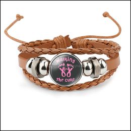 Charm Bracelets Jewellery Breast Cancer Awareness Hope Bracelet For Women Ribbon Braided Leather Rope Wrap Bangle Fashion Handmade Drop Delive