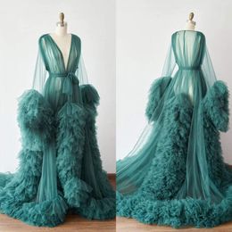 Chic Illusion Ruffles Tulle Long Sleeve Women Winter Sexy Kimono Pregnant Green Party Sleepwear Bathrobe Sheer Nightgown Robes Shawl