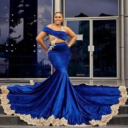 Royal Blue Mermaid Velvet Evening Dresses Appliques Lace Prom Gowns Adrican Illusion Plus Size Cocktail Party Gowns Wear