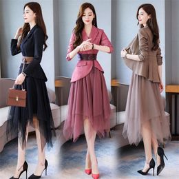 women Net skirt suits office lady suit uniform Formall and jacket 2 piece set plus size blazer 220302